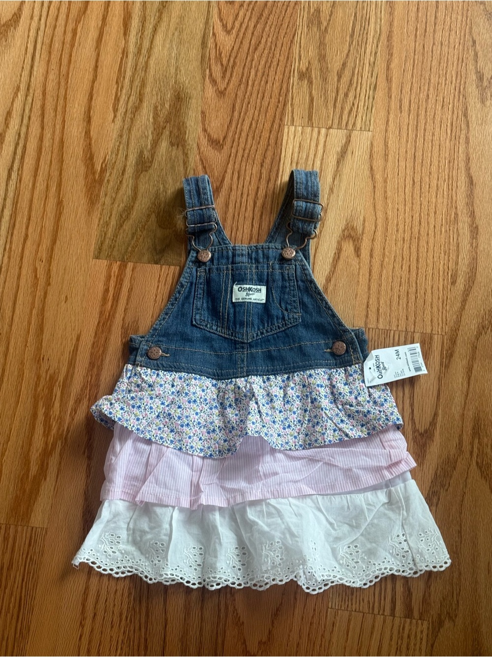 OshKosh B'gosh Denim Ruffled Floral & Eyelet Overall Dress - Blue, Pink, White